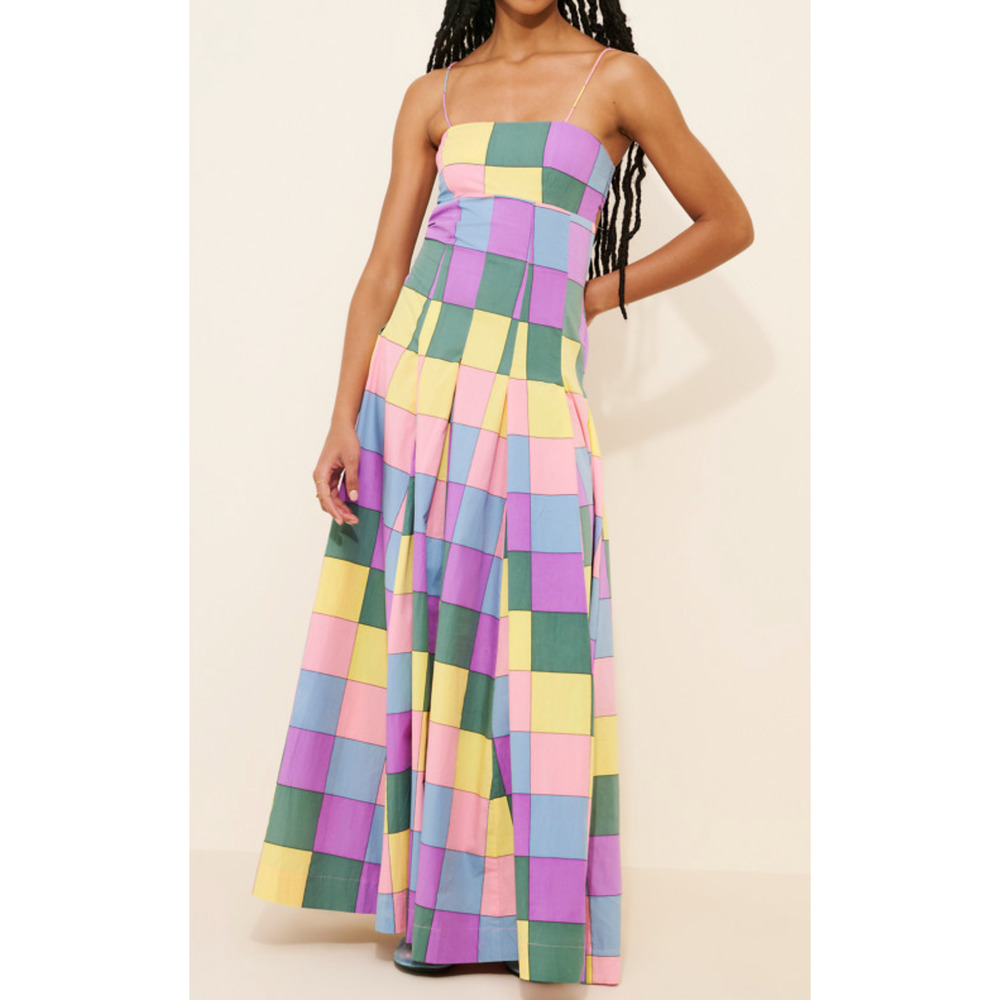 NEW S/W/F ANTHROPOLOGIE BANDEAU SPAGHETTI STRAP CHECK PRINT MAXI DRESS SZ XS